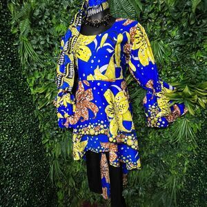 Women Tops One Size Plus Blue‎ Floral African Print Hi Low Hem Blouse 1357